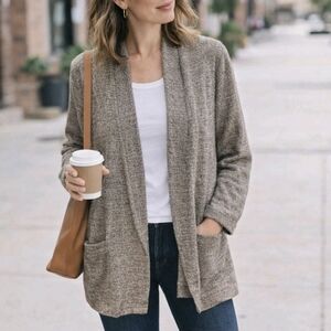 Eileen Fisher Tweedy Cotton Slub Jacket Open Front Long Sleeve Cardigan XL